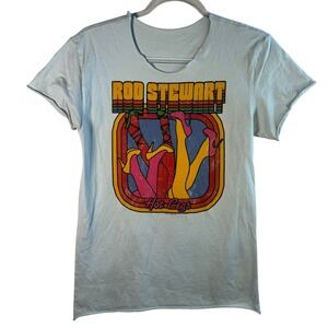 Rod Stewart Hot Legs Graphic Tee Distressed Raw Hem Blue Rock Band Shirt XS